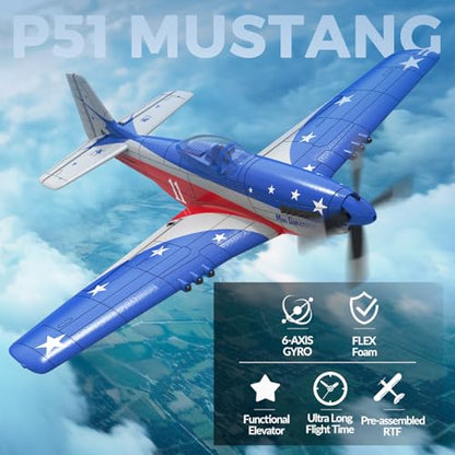 P51 Mustang RC Plane 4 Channel - 2.4G Remote Control Airplane for Adults with 3 Flight Modes to Learn, RTF RC Airplane with X-Pilot Stabilization & One-Key Aerobatics for Beginners - color: Red