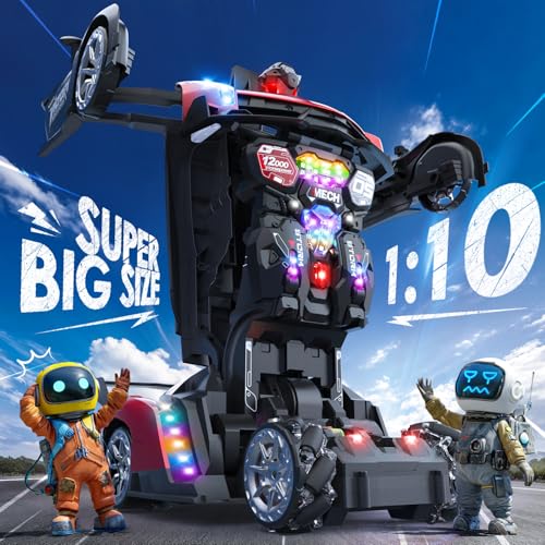 Holyton 1:10 Transforming RC Car, Large Remote Control Car | One-Button Transform to Robot, 2.4GHz Remote Control, Gesture Sensing, LED Lights, 80-Min Playtime, Gift for Kids Ages 5-12 - color: Red