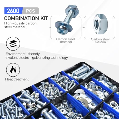 2600 Piece Bolt and Nut Hardware Assortment Kit with Diverse Bolts, Screws, Washers & Nuts–DIY-Friendly, 3-Tier Storage for Home Projects