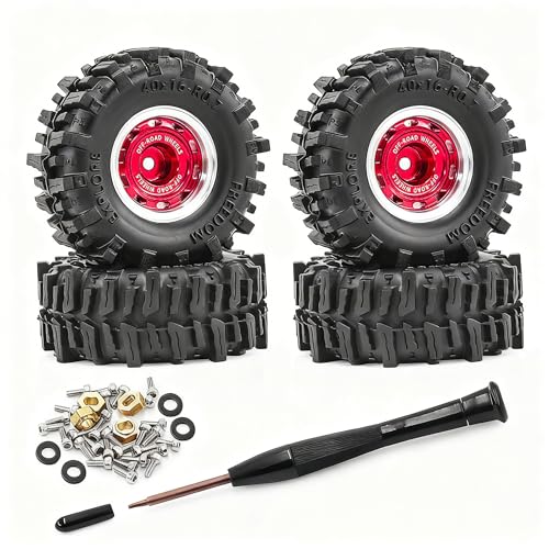 0.7” Wheel & Mud Terrain Tire Set for 1/30 RC Crawler, -1.00mm Offset, Axial SCX30 & Redcat Ascent-32, CNC Aluminum Rims, 5mm Hex, Shims Screwdriver Included, Pre-Assembled, 4 pcs, Red - color: Red, size: Loose-dirt-mud-bite