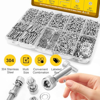 1260pcs M2 Screw Assortment kit, M2*4mm/6mm/8mm/10mm/12mm/16mm/20mm 304 Stainless Steel Hex Socket Head Cap Screw Bolts Nuts Flat & Lock Washer Set - size: SS M2 1260pcs