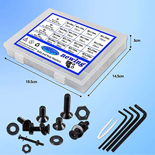 newlng M2 M3 M4 M5 Screws Assortment Kit 1065pcs Bolts and Nuts Washers Sets 10.9 Carbon Steel Metric Black Flat Head Socket Head Countersunk Head Machine Screw Bolt with Spanner for Home Industrial - size: L