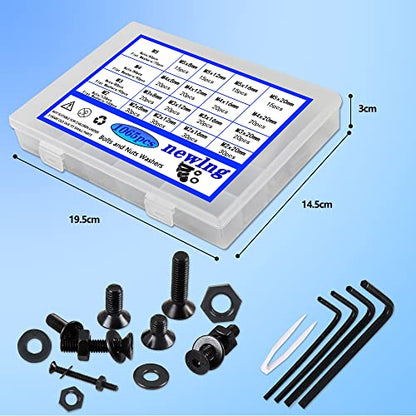 newlng M2 M3 M4 M5 Screws Assortment Kit 1065pcs Bolts and Nuts Washers Sets 10.9 Carbon Steel Metric Black Flat Head Socket Head Countersunk Head Machine Screw Bolt with Spanner for Home Industrial - size: L