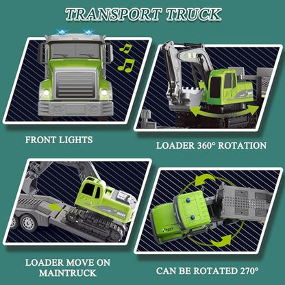 Fistone RC Semi-Trailer Truck & Excavator Toy Set, 1:12 Scale with Sound and Lights, 2.4Ghz Remote Control Flatbed Truck and Excavator Toys for Boys 6-12 Years Old - style: Truck & Excavator Toy