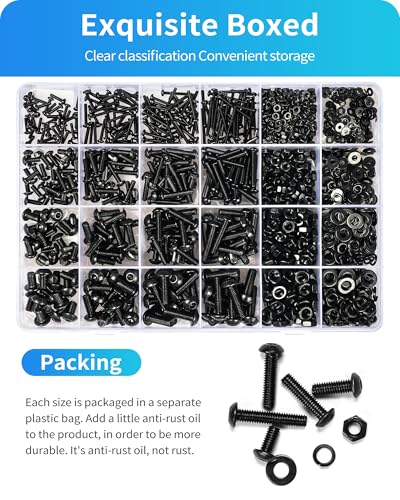 1800PCS Metric Screw Assortment, Metric Bolt Assortment Kit M2 M3 M4 M5 Machine Screws with Lock & Flat Washers, Grade 10.9 Alloy Steel Hex Socket Button Head Black Screws Nuts and Bolts Kit (Black) - size: M2M3M4M5 1800PCS