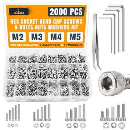 ALBO 2000 Pcs M2-M5 Socket Head Cap Screw Kit, 304 Stainless Steel | Matching Nuts, Washers, Allen Keys and Tweezers Included, Everything You Need in One Kit