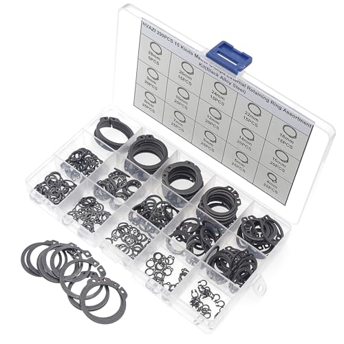 290PCS 15 Sizes Metric External C-Clip Retaining Ring Assortment Kit | Black Phosphate Carbon Steel Circlip Snap Rings for 4mm-28mm Shafts with Storage Box