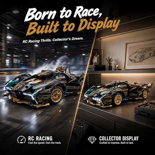RC Car Building Kit, 1:14 App Control Car Kit with LEDs | car kit with 975 pieces, LED lights, motorized functions, and dual control; built for collection, display, gifting.