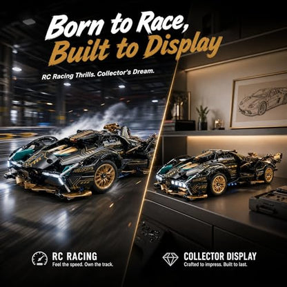 RC Car Building Kit, 1:14 App Control Car Kit with LEDs | car kit with 975 pieces, LED lights, motorized functions, and dual control; built for collection, display, gifting.