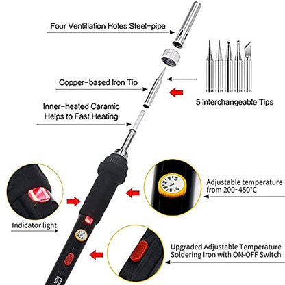 Electric Soldering Iron Kit 60W Adjustable Temperature Welding Soldering Iron with 5pcs Different Tips, 1 Solder Wire 1.0mm Dia. (Soldering Irons) (Upgrade Green) - color: Green