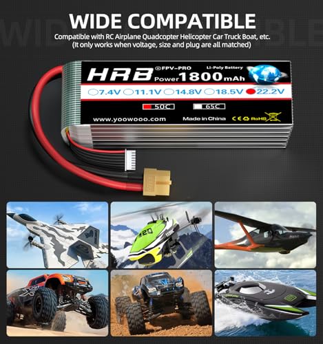 HRB 2PCS 1800mAh 6S 22.2V 50C Lipo Battery with XT60 Plug Compatible with RC Helicopter