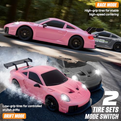 RC Drift Car, 1:24 4WD Remote Control Cars Vehicle with LED Light,2.4GHz 20KM/H High Speed RC Cars with Two Batteries & Drifting Tires Racing Sport Toy for Adults Boys Girls Kids Pink - color: Pink