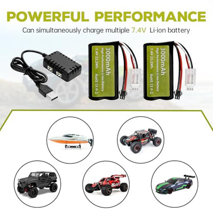 sea jump 2PCS 7.4V 3000mah 15C 2S SM-2P Plug Li-ion Battery with 2-in-1 Charger for H105 H103 H101 RC Ship,MN D99 D99s D90 D91 RC Car,Truck RC Boat Engineering Vehicle Backup Battery