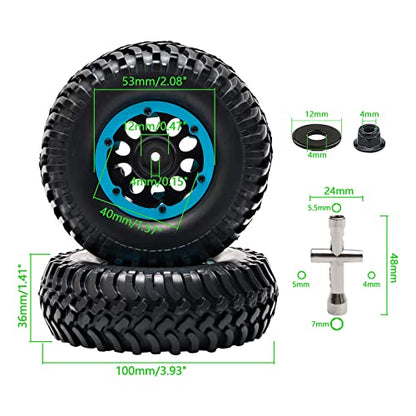 4-Pack 1/10 RC Crawler Tires and Wheels, 1.9 inch Plastic Beadlock Wheel Rim 12mm Hex Hub Off Road Crawling Rubber Tire OD 100mm, Blue