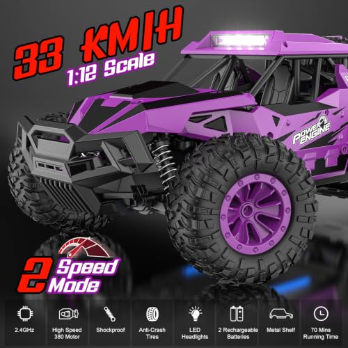 BLUEJAY Remote Control Car, 2.4GHz High Speed 33KM/H RC Cars Toys | 1:12 Monster RC Truck Off Road with LED Headlight and Rechargeable Battery Gifts for Adults Boys 8-12 - color: Purple