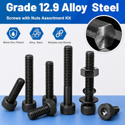 500Pcs M4 Screw Hex Socket Head Cap Bolt Kit M4x6-30mm 12.9Alloy Steel | Black Zinc Plated Metric Allen Bolt with Nut Flat Spring Washer Allen Wrench Assorted Hardware for DIY, 3D Printing Furniture - size: G12.9 M4 500PCS