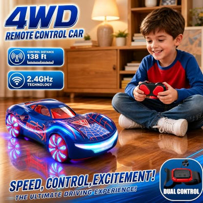 Gesture Sensing RC Stunt Car, 2.4GHz 4WD Remote Control Car for Boys 4-12 | 50 Min Play Dual Batteries, 360° Spinning Drift ,Mist Spray & LED Wheels, Birthday Gift for Kids Boys, Party Gifts, Blue-Red - color: 1-blue