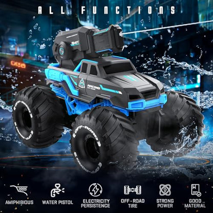 BEZGAR Remote Control Monster Truck, RC Boat Amphibious Cars Pickup Monstertruck with Shooting Water Gun - Pool Toys 4WD Waterproof All-terrian Off-Road Vehicles Gifts for Kids Boys Adults - color: Blue