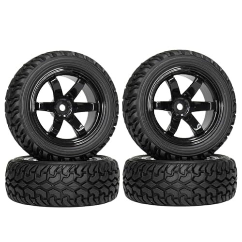 4PCS 75mm Rubber Tires and 6Spokes Plastic Wheel Rims Tyre for 1/10 RC On-Road Drift Racing Car 1:14 1:16 Rally Car for Tamiya Kyosho HPI HSP TT02 Upgrades Parts (Black) - color: Black