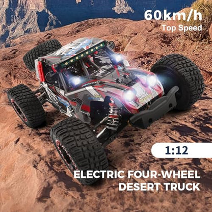 GoolRC WLtoys 124028 Brushless Fast RC Cars, 1:12 Scale 60KM/H High Speed Remote Control Car, 4WD All Terrains Off Road RC Monster Truck with Metal Chassis and LED Lights, 2 Batteries for Adults