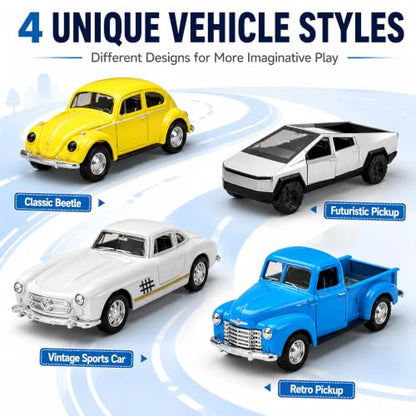 1:32 Die Cast Pull Back Truck Toys for Kids, Alloy Toy Cars with Openable Doors, Road Signs & Map Playset, Birthday Gift for Boys Girls Ages 3-8 - size: Alloy car 4-piece set