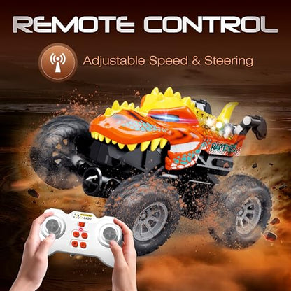 MOONTOY Dinosaur Remote Control Car, Mini Remote Control Truck with 360° Spins, 2.4GHz Rc Car with Lights and Rechargeable Batteries, Metal Body Monster Truck Toys for Kids and Adults(Yellow)