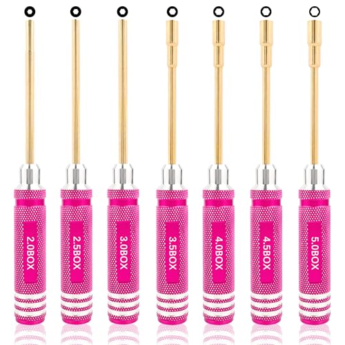 7 Pieces Hex Screwdriver Set 2.0/2.5/3.0/3.5/4.0/4.5/5.0mm RC Socket Wrench Kit Nut Drive for Traxxas Redcat Axial SCX24 Quadcopter Helicopter FPV Drone Car - RC Nut Removal Tools (Pink)