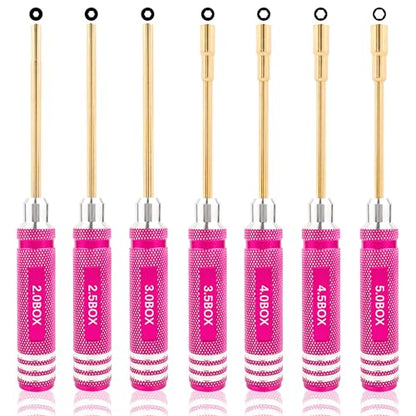 7 Pieces Hex Screwdriver Set 2.0/2.5/3.0/3.5/4.0/4.5/5.0mm RC Socket Wrench Kit Nut Drive for Traxxas Redcat Axial SCX24 Quadcopter Helicopter FPV Drone Car - RC Nut Removal Tools (Pink)