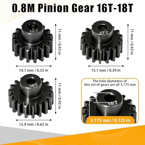0.8M Pinion Gear Set Hardened Steel 3.175mm Shaft 16T 17T 18T Pinion Gears with Screws and Hex for Tamiya, Traxxas, Arrma, Axial, Losi, HPI 1/10 RC Car Brushless Brush Motor Upgrade - size: 16 17 18T