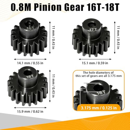 0.8M Pinion Gear Set Hardened Steel 3.175mm Shaft 16T 17T 18T Pinion Gears with Screws and Hex for Tamiya, Traxxas, Arrma, Axial, Losi, HPI 1/10 RC Car Brushless Brush Motor Upgrade - size: 16 17 18T