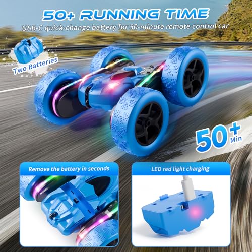 Remote Control Stunt Car 4WD 360° Flip Double‑Sided RC Cars, LED Light Bar, USB‑C Modular Battery, 2.4 GHz Outdoor Beach Toy for Boys 6‑12 Years Old, Birthday & Christmas Kids Gift, Blue - color: Blue