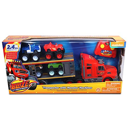 NKOK Blaze and the Monster Machines RC Transporter - 2.4 GHz, Ages 6+ | Includes Blaze, Pickle, Crusher & Stripes figures - full function remote control - officially licensed Nickelodeon toy