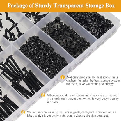 565 Pieces M2 Screws Nuts Washers Set Black, Sutemribor M2 x 4/6/8/10/12/16/20mm Countersunk Head Socket Cap Screws Nuts Washers Assortment Kit, 10.9 Grade Alloy Steel, Fully Threaded - size: M2, style: Countersunk Head Socket Cap
