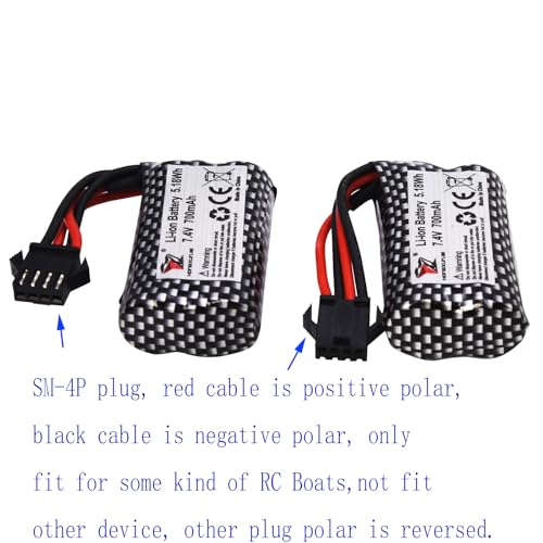 Blomiky 2 Pack 7.4V 600mAh Li-ion SM-4P Plug Rechargeable Battery and Cable Suitable for HJ812 HJ820 HJ822 TX126 RC Boat /HJ812 Battery