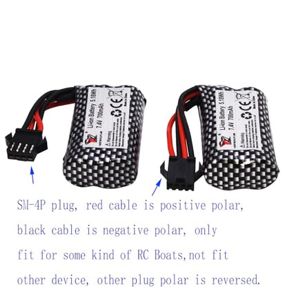 Blomiky 2 Pack 7.4V 600mAh Li-ion SM-4P Plug Rechargeable Battery and Cable Suitable for HJ812 HJ820 HJ822 TX126 RC Boat /HJ812 Battery