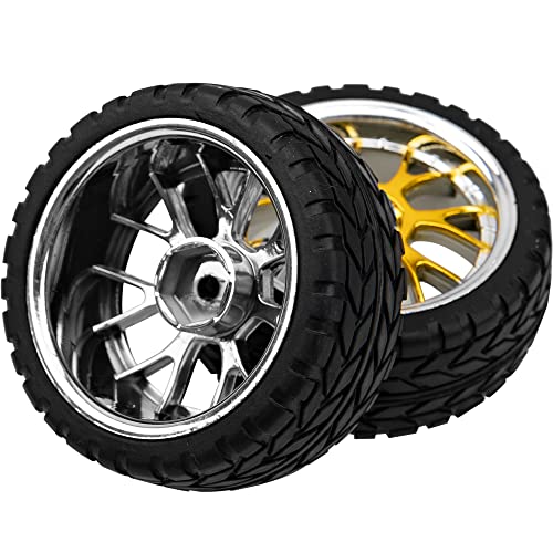 4Pack HIRCQOO 12mm Hex Plastic Wheel Rims & 2.59" Rubber Tires Set w/Foam Compatible with Traxxas Kyosho HPI Tamiya TT-01 TT-02 Sakura HSP 1/10 RC On-Road Touring Car (Yellow) - color: Yellow