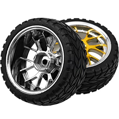 4Pack HIRCQOO 12mm Hex Plastic Wheel Rims & 2.59" Rubber Tires Set w/Foam Compatible with Traxxas Kyosho HPI Tamiya TT-01 TT-02 Sakura HSP 1/10 RC On-Road Touring Car (Yellow) - color: Yellow