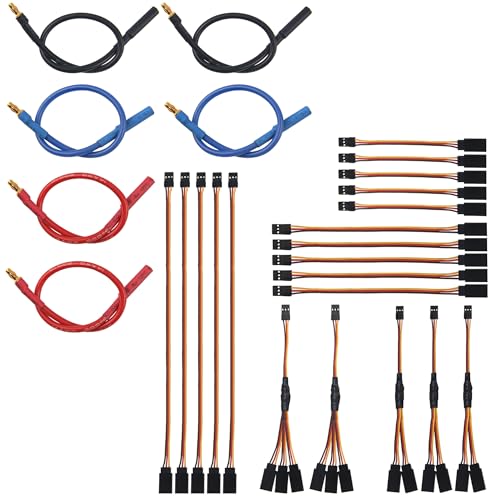 6Pack 7.87" 14AWG 3.5mm Gold Bullet Connector 3.5 Banana Plug Extension Cable Male Female Wire & 18Pcs 3-Pin JR Servo Extension Cable,1 JR Male to 2/3 Female JR Y Harness Servo Cable & 3.93" 5.9" 11.8