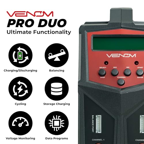 Venom Power Pro Duo LiPo Battery Charger - LCD Screen, Charging Leads - Balance Charger & Discharger for LiPo, LiHV, Li-Ion, Life, NiMH, NiCD, Pb Batteries - Power Supply for 1S- 6S, Drone & RC Cars