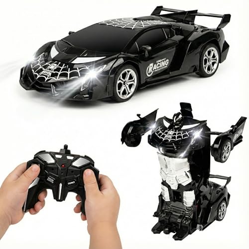 Rechargeable Transform Remote Control Spider Car, Black Transforming RC Robot Toy 1:18, One-Key Deformation, 360° Drifting Vehicle for Kids Ages 3-7
