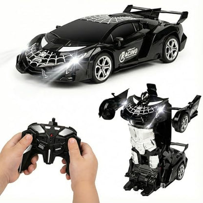 Rechargeable Transform Remote Control Spider Car, Black Transforming RC Robot Toy 1:18, One-Key Deformation, 360° Drifting Vehicle for Kids Ages 3-7