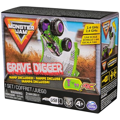 Monster Jam Official Grave Digger RC Truck with Ramp, 1:64 Scale