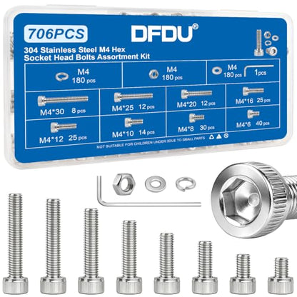 706PCS M4 Hex Socket Head Cap Screw Assortment Kit 304 Stainless Steel | Metric Machine Bolts and Nuts, Flat & Spring Washers, M4x6/8/10/12/16/20/25/30 mm for 3D Printer, RC Car, Drones, DIY Repair - size: SS M4 706PCS