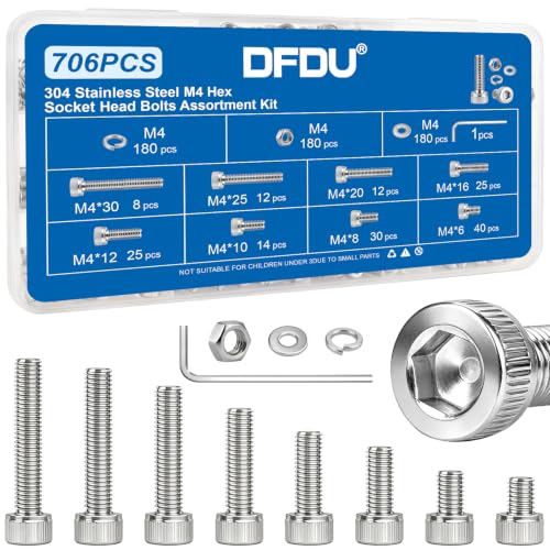 706PCS M4 Hex Socket Head Cap Screw Assortment Kit 304 Stainless Steel | Metric Machine Bolts and Nuts, Flat & Spring Washers, M4x6/8/10/12/16/20/25/30 mm for 3D Printer, RC Car, Drones, DIY Repair - size: SS M4 706PCS