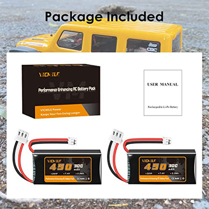 7.4V Lipo Battery 450mAh 2S 30C Rechargeable Lipo Battery with PH2.0 Plug SCX24 Small Lipo Battery Fit for Most 1/10, 1/16, 1/18, 1/24 Scale RC Cars Trucks with 1to2 USB Charger