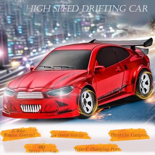RC Drift Car, 1/64 Mini RC Remote Control Car, 2.4GHz Full Proportional RTR High Speed Micro Sports Racing Drift, 4WD HobbyFast Race Vehicle with Lights, Model Toys Gift for Kids, Boys, Adults - color: Red