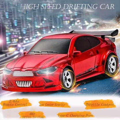 RC Drift Car, 1/64 Mini RC Remote Control Car, 2.4GHz Full Proportional RTR High Speed Micro Sports Racing Drift, 4WD HobbyFast Race Vehicle with Lights, Model Toys Gift for Kids, Boys, Adults - color: Red