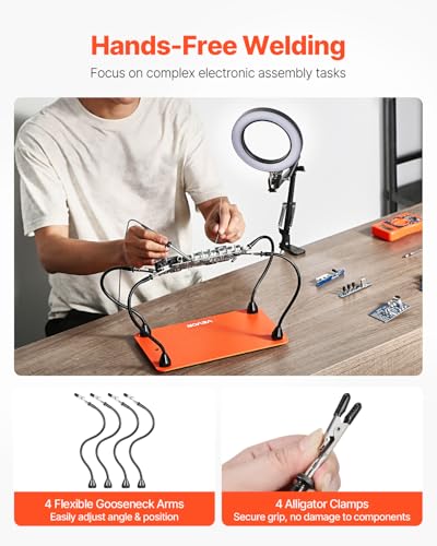 VEVOR Magnetic Helping Hands Soldering Station, 4 Flexible Arms Third Hand Tool with 3X LED Magnifying Lamp & Non-Slip Heavy-Duty Base, Soldering Helping Hands for Electronic Repair Craft Hobby DIY - style: 11*7in Large Base with Magnifying Light
