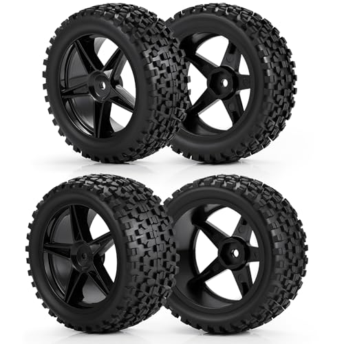 4Pack 12mm Hex Wheel 5 Spoke Rims High Grip Rubber Tires Front Rear Tyres for 1/10 RC Off-Road Buggy Car (Black)