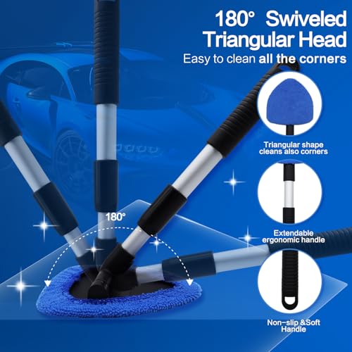 8 Pcs Car Window Cleaner Kit Triangle Shape Include Windshield Cleaning Tool with Extendable Handle 5 Microfiber Bonnets 1 Car Ventilation Brush 1 Empty 50ml Spray Bottle Glass Wiper Kits, Blue - color: Blue